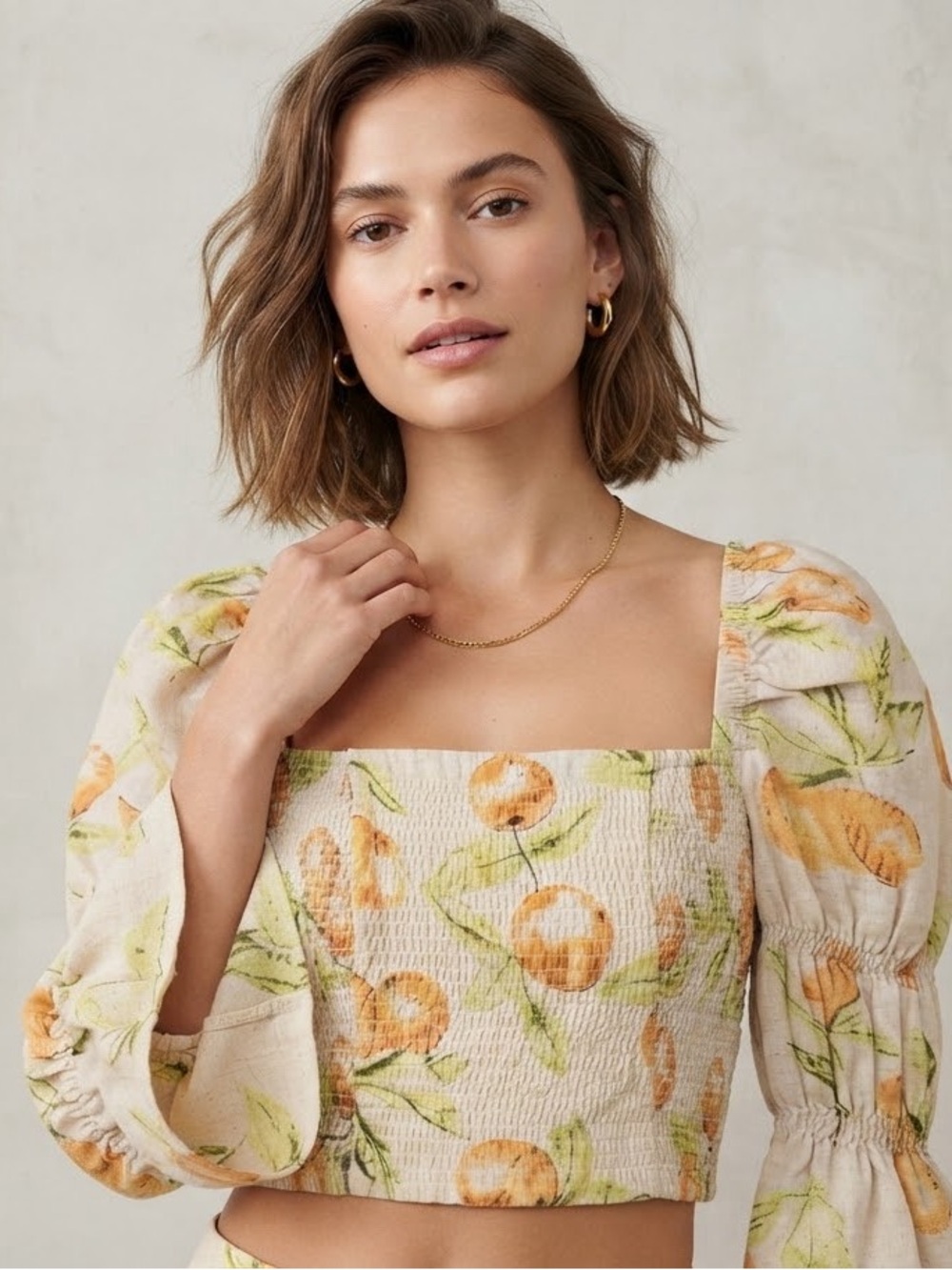 Urban Outfitters NWT Size PS Orange Print Square Neck Puff Sleeve Crop Top